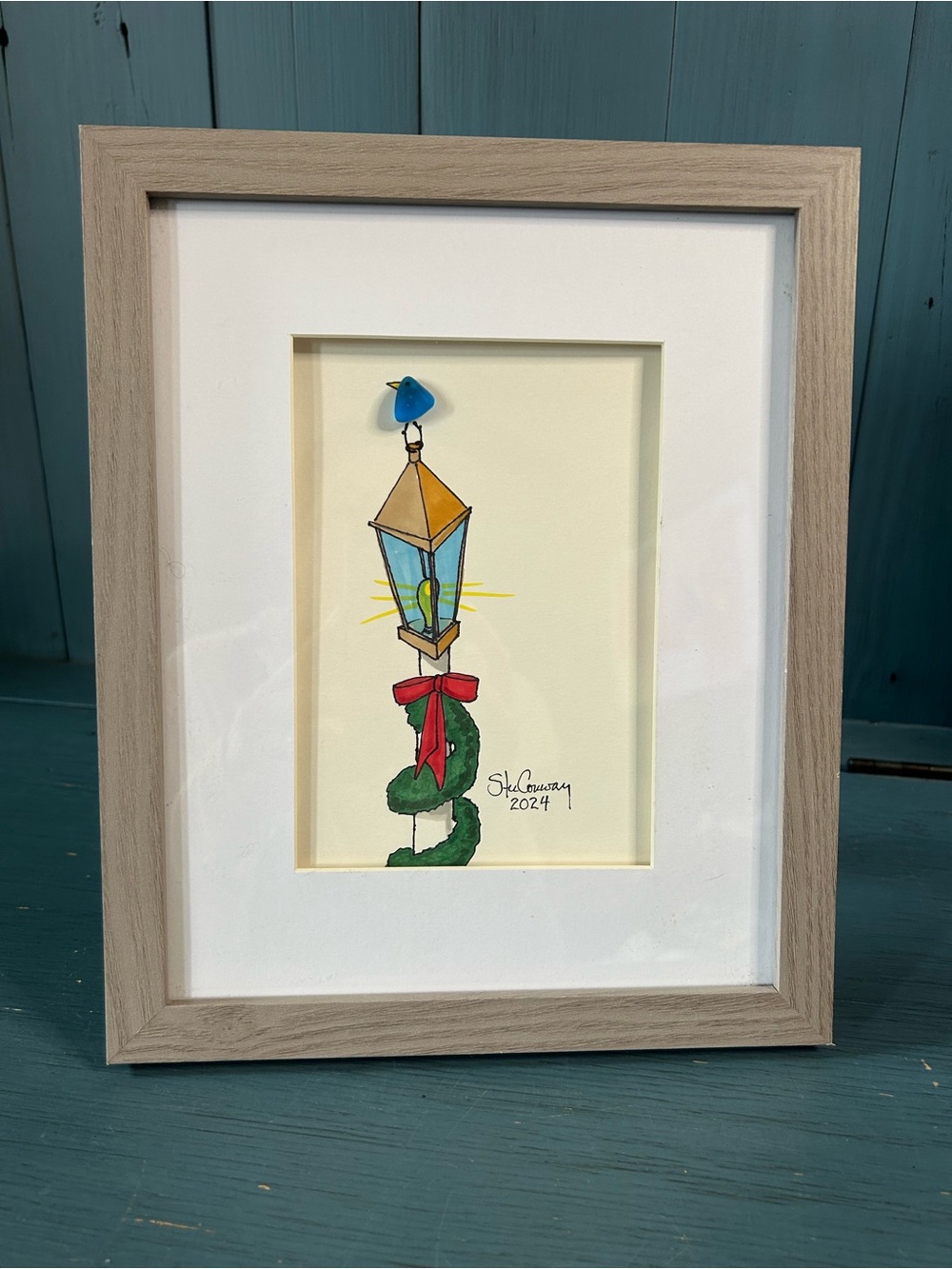 Framed Lantern Illustration Art Drawing in Blue, Gold, Red, & Green-Holiday2024